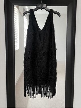 Adrianna Papell Black Floral Lace Fringe V-Neck Mini Dress
